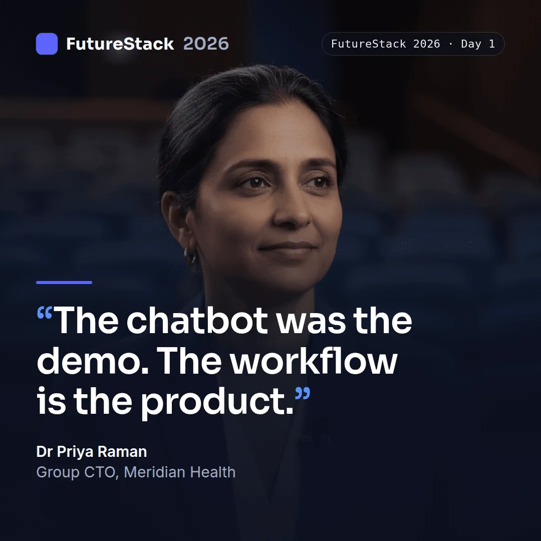 A square Instagram quote card: Dr Priya Raman’s portrait under the quote "The chatbot was the demo. The workflow is the product."